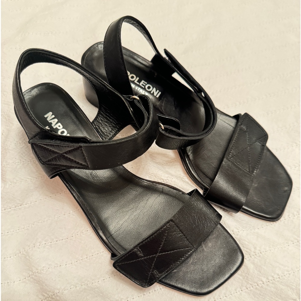 Napoleoni Black Sandal Block Heel Ankle Strap Leather Made In Italy
